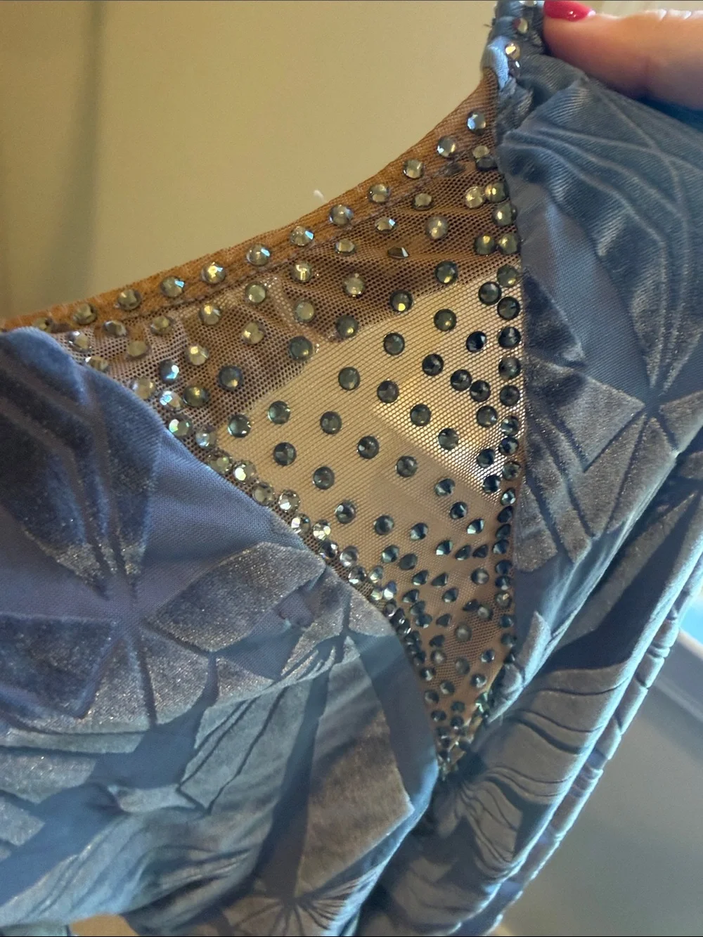 Kids Gray Blue Long-Sleeve Dance Leotard with Mesh Detail